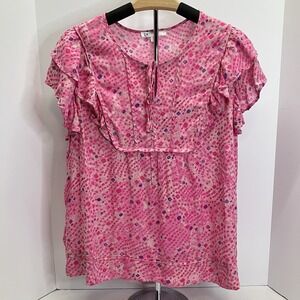 DR2 Womens Pink Ruffle Flutter Short Sleeve Keyhole Tie Blouse Shirt‎ Size L